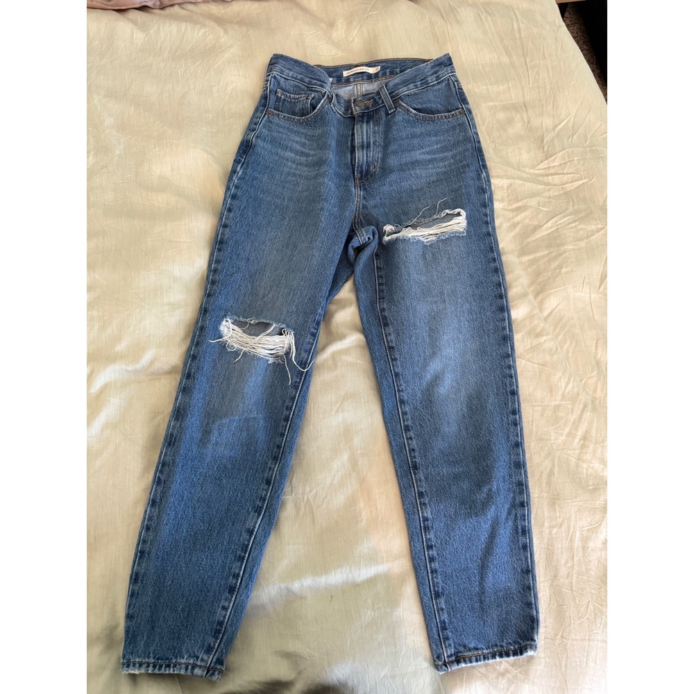 Levi's High Waisted Mom Jeans 27 Distressed Blue Denim Ripped‎ Knees Vintage
